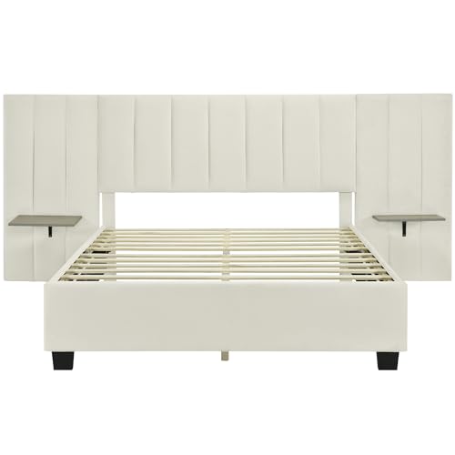 Double bed 140 x 200 cm, upholstered bed with elongated headboard and backrest, shelves on both sides of the headboard, with slatted base, beige velvet fabric