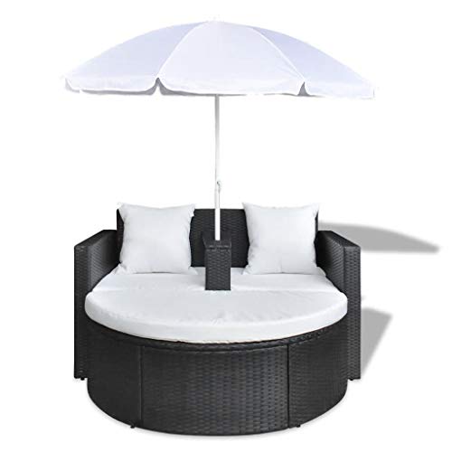 Lit de jardin avec parasol, lit de jardin rond pour extérieur, lit de terrasse, coussins lavables en polyrotin, chaises longues pour porche, piscine, polyrotin noir