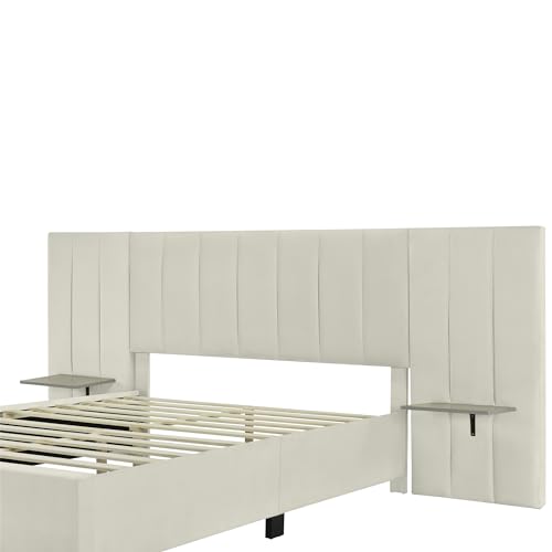 Double bed 140 x 200 cm, upholstered bed with elongated headboard and backrest, shelves on both sides of the headboard, with slatted base, beige velvet fabric