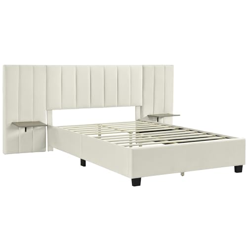 Double bed 140 x 200 cm, upholstered bed with elongated headboard and backrest, shelves on both sides of the headboard, with slatted base, beige velvet fabric