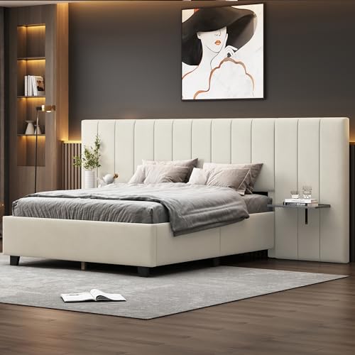 Double bed 140 x 200 cm, upholstered bed with elongated headboard and backrest, shelves on both sides of the headboard, with slatted base, beige velvet fabric