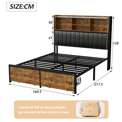 Double Upholstered Bed 160x200, Adult Metal Bed with 2 Drawers Storage Bed LED Upholstered Bed with USB Charging Double Bed with Storage Headboard Wood and Metal Storage Bed (160 x 200 cm)