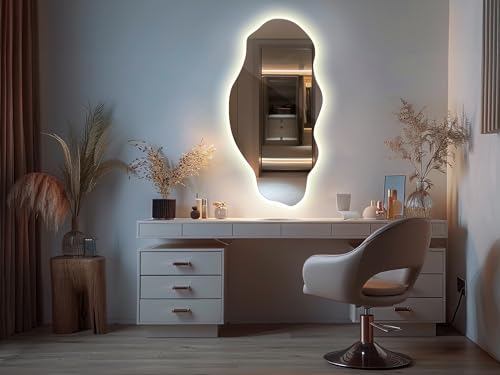 Tulup Miroir LED 50x100 cm Grand Moderne Irrégulier Miroir mural Organique Asymétrique Tache pour Salle de Bains Salon Vertical avec éclairage Lumière chaude