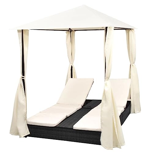 Chaise Longue Double avec Rideaux Résine tressée Noir, Bain de Soleil inclinable de Jardin Extérieur, Transat de Plage Relax Transat pour Camping Balcon Piscine