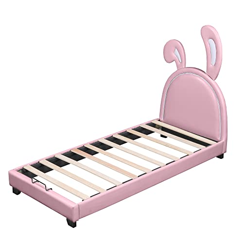 Lit pour enfant 90 x 200 cm avec oreilles de lapin, cuir synthétique, rose, mignon, confortable et peu encombrant