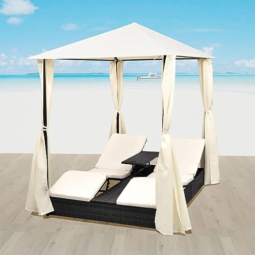 Chaise Longue Double avec Rideaux Résine tressée Noir, Bain de Soleil inclinable de Jardin Extérieur, Transat de Plage Relax Transat pour Camping Balcon Piscine