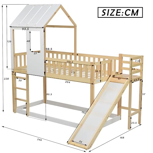 Lit superposé avec échelle à angle droit et toboggan, lit maison avec toit et fenêtre, lit d'enfant avec protection anti-chute et grille, cadre en pin naturel et blanc (90 x 200 cm)