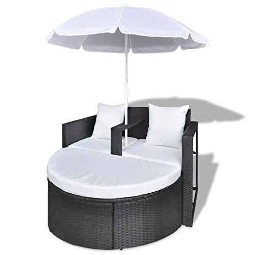 Lit de jardin avec parasol, lit de jardin rond pour extérieur, lit de terrasse, coussins lavables en polyrotin, chaises longues pour porche, piscine, polyrotin noir