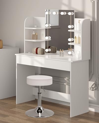 Coiffeuse avec Miroir LED, avec Tabouret Réglable en Hauteur, Table de Maquillage avec 2 Tiroirs 4 Étagères Ouvertes, 108x40x142cm, Bureau Coiffeuse Blanche en Bois