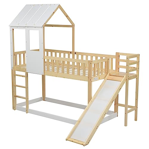 Lit superposé avec échelle à angle droit et toboggan, lit maison avec toit et fenêtre, lit d'enfant avec protection anti-chute et grille, cadre en pin naturel et blanc (90 x 200 cm)