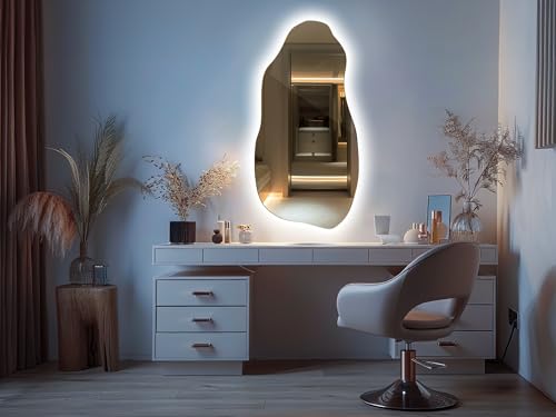 Tulup Miroir LED 50x100 cm Grand Moderne Irrégulier Miroir mural Organique Asymétrique Tache pour Salle de Bains Salon Vertical avec éclairage Lumière chaude