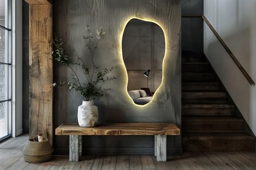 Tulup Miroir LED 50x100 cm Grand Moderne Irrégulier Miroir mural Organique Asymétrique Tache pour Salle de Bains Salon Vertical avec éclairage Lumière chaude