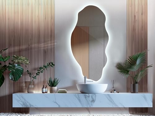 Tulup Miroir LED 50x100 cm Grand Moderne Irrégulier Miroir mural Organique Asymétrique Tache pour Salle de Bains Salon Vertical avec éclairage Lumière chaude