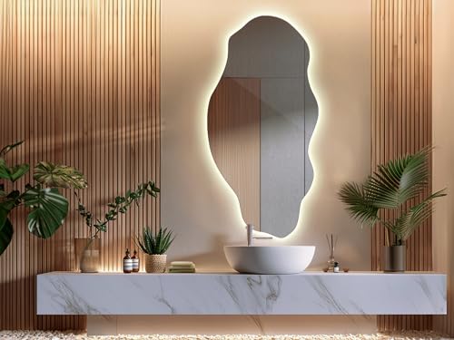 Tulup Miroir LED 50x100 cm Grand Moderne Irrégulier Miroir mural Organique Asymétrique Tache pour Salle de Bains Salon Vertical avec éclairage Lumière chaude