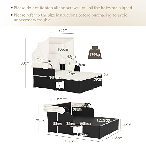 Lit d'extérieur en rotin, ensemble de canapés de patio avec toit rétractable et 2 tables basses, lit d'extérieur avec coussins doux et grande surface de chaise longue, blanc crème