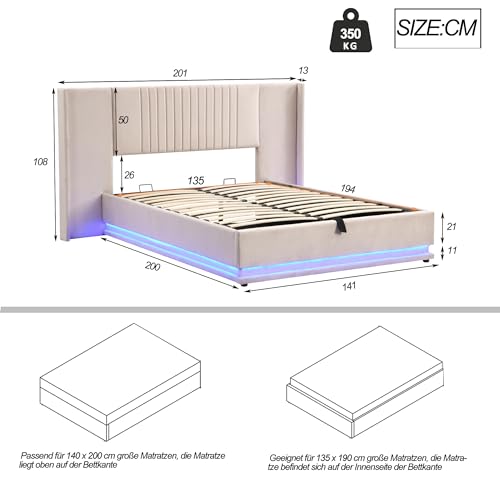 Lit double rembourré de luxe, 140 x 200 cm, avec LED, hydraulique et espace de rangement, lit double en velours beige/gris, tête de lit allongée, charge maximale de 350 kg, sommier à lattes inclus