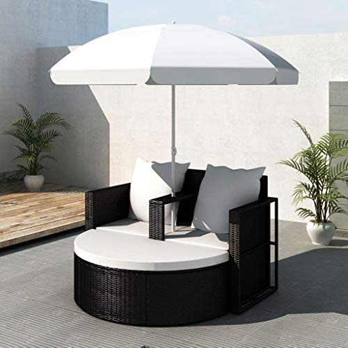 Lit de jardin avec parasol, lit de jardin rond pour extérieur, lit de terrasse, coussins lavables en polyrotin, chaises longues pour porche, piscine, polyrotin noir