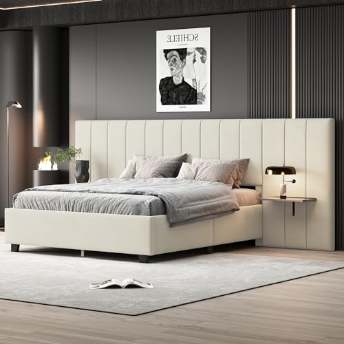 Double bed 140 x 200 cm, upholstered bed with elongated headboard and backrest, shelves on both sides of the headboard, with slatted base, beige velvet fabric