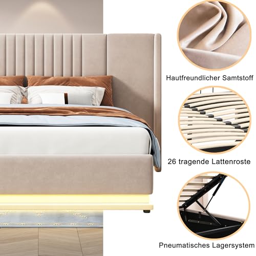 Lit double rembourré de luxe, 140 x 200 cm, avec LED, hydraulique et espace de rangement, lit double en velours beige/gris, tête de lit allongée, charge maximale de 350 kg, sommier à lattes inclus