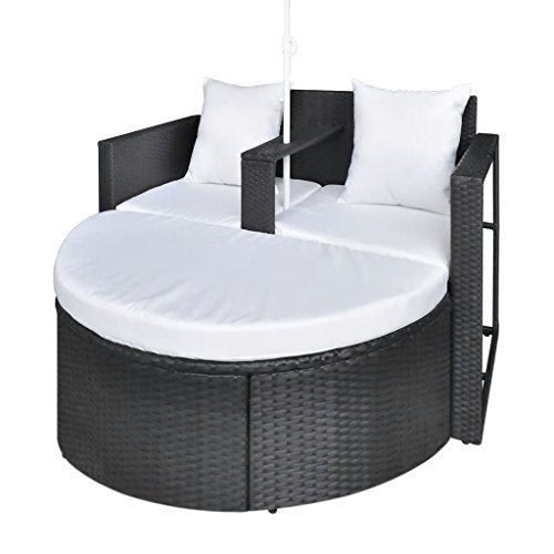 Lit de jardin avec parasol, lit de jardin rond pour extérieur, lit de terrasse, coussins lavables en polyrotin, chaises longues pour porche, piscine, polyrotin noir