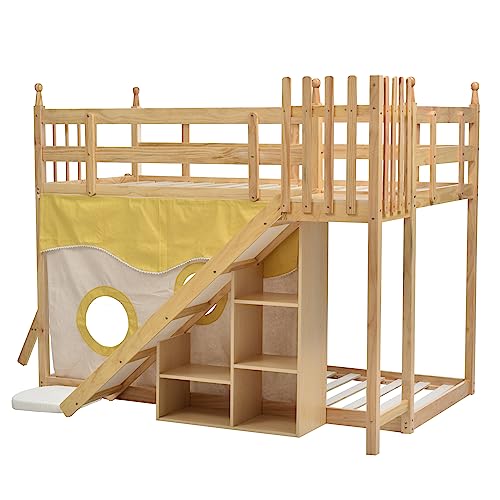 Lit superposé en bois avec escalier et clôtures, rideau de lit, toboggan et étagère, lit pour enfant avec protection anti-chute et grille, cadre en pin naturel, 90 x 200 cm