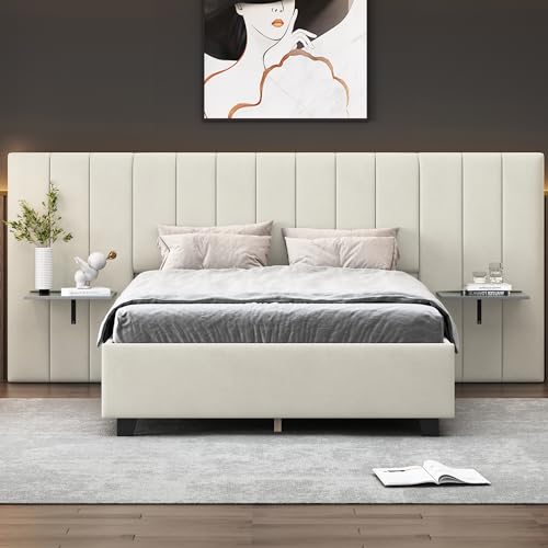 Double bed 140 x 200 cm, upholstered bed with elongated headboard and backrest, shelves on both sides of the headboard, with slatted base, beige velvet fabric