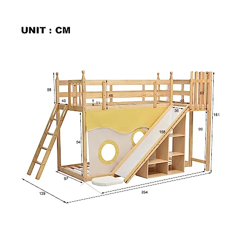 Lit superposé en bois avec escalier et clôtures, rideau de lit, toboggan et étagère, lit pour enfant avec protection anti-chute et grille, cadre en pin naturel, 90 x 200 cm