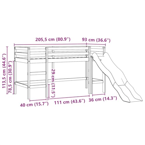 Lit mezzanine enfants avec tour blanc/noir 80x200cm pin massif