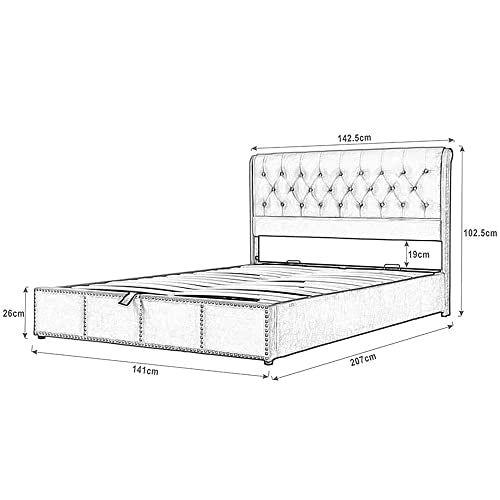 Cotton and linen upholstered bed with hydraulic lever, nail box storage, 140 x 200 cm, without mattress (beige)