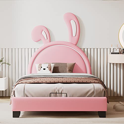 Lit pour enfant 90 x 200 cm avec oreilles de lapin, cuir synthétique, rose, mignon, confortable et peu encombrant