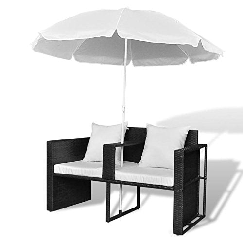 Lit de jardin avec parasol, lit de jardin rond pour extérieur, lit de terrasse, coussins lavables en polyrotin, chaises longues pour porche, piscine, polyrotin noir