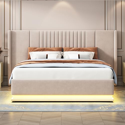 Lit double rembourré de luxe, 140 x 200 cm, avec LED, hydraulique et espace de rangement, lit double en velours beige/gris, tête de lit allongée, charge maximale de 350 kg, sommier à lattes inclus