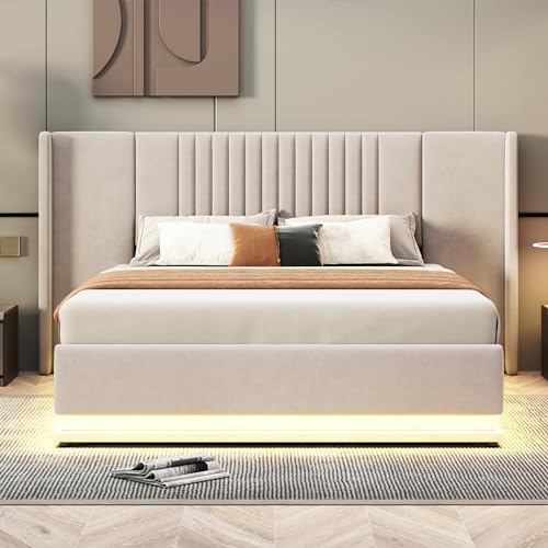 Lit double rembourré de luxe, 140 x 200 cm, avec LED, hydraulique et espace de rangement, lit double en velours beige/gris, tête de lit allongée, charge maximale de 350 kg, sommier à lattes inclus