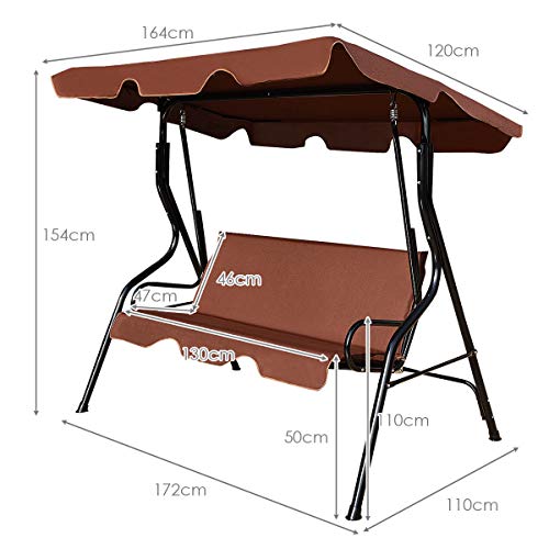 Balancelle de Jardin 3 Places avec Toit Imperméable Capacité de Charge 240 KG, Balancelle Extérieure Toit Réglable, Idéal pour Jardin, Terrasse, Balcon, 170 x 110 x 153 CM (Café)