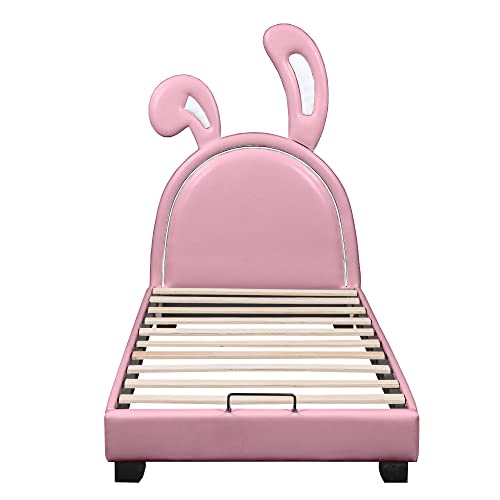 Lit pour enfant 90 x 200 cm avec oreilles de lapin, cuir synthétique, rose, mignon, confortable et peu encombrant