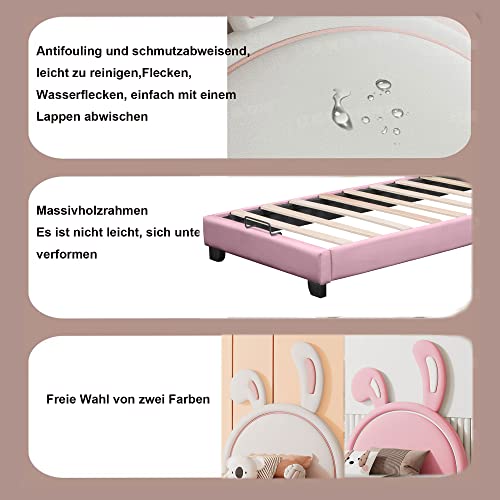 Lit pour enfant 90 x 200 cm avec oreilles de lapin, cuir synthétique, rose, mignon, confortable et peu encombrant