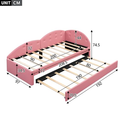 Canapé-lit élégant, 90 x 200 cm, rose, avec lit extensible, matériau PU, design moderne, facile à intégrer, peu encombrant, idéal pour de beaux rêves et des après-midi détendus