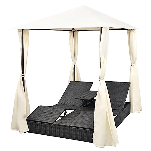 Chaise Longue Double avec Rideaux Résine tressée Noir, Bain de Soleil inclinable de Jardin Extérieur, Transat de Plage Relax Transat pour Camping Balcon Piscine