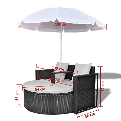 Lit de jardin avec parasol, lit de jardin rond pour extérieur, lit de terrasse, coussins lavables en polyrotin, chaises longues pour porche, piscine, polyrotin noir