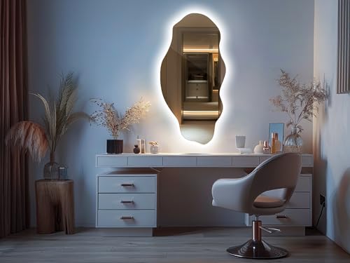 Tulup Miroir LED 50x100 cm Grand Moderne Irrégulier Miroir mural Organique Asymétrique Tache pour Salle de Bains Salon Vertical avec éclairage Lumière chaude