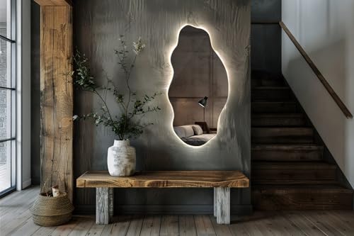 Tulup Miroir LED 50x100 cm Grand Moderne Irrégulier Miroir mural Organique Asymétrique Tache pour Salle de Bains Salon Vertical avec éclairage Lumière chaude