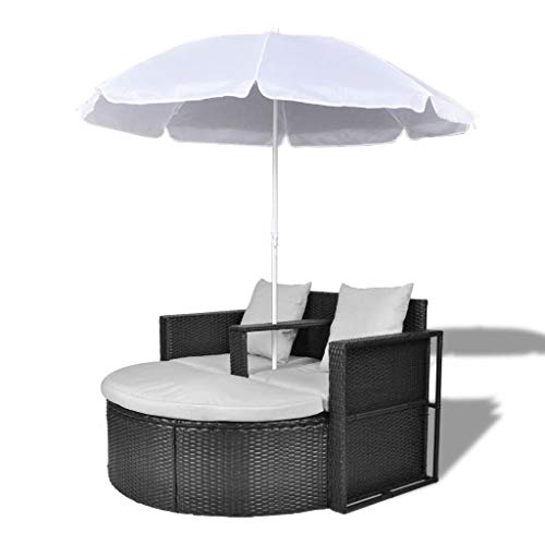 Lit de jardin avec parasol, lit de jardin rond pour extérieur, lit de terrasse, coussins lavables en polyrotin, chaises longues pour porche, piscine, polyrotin noir