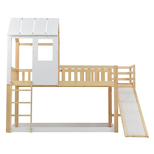 Lit superposé avec échelle à angle droit et toboggan, lit maison avec toit et fenêtre, lit d'enfant avec protection anti-chute et grille, cadre en pin naturel et blanc (90 x 200 cm)