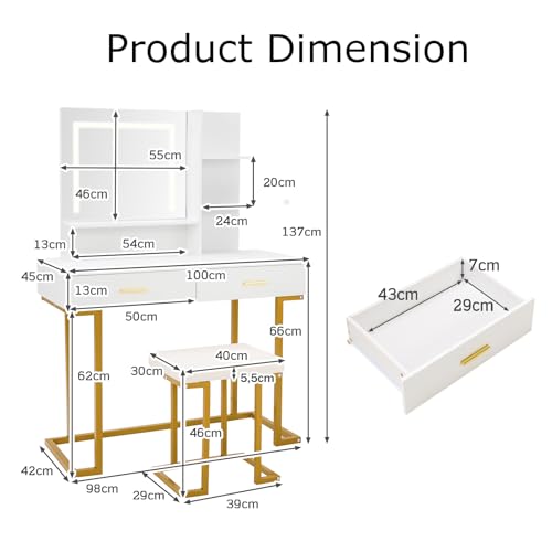 Coiffeuse avec tabouret, lumières LED réglables, coiffeuse moderne avec étagères ouvertes et 2 tiroirs, blanc et or, 98 x 42 x 137 cm