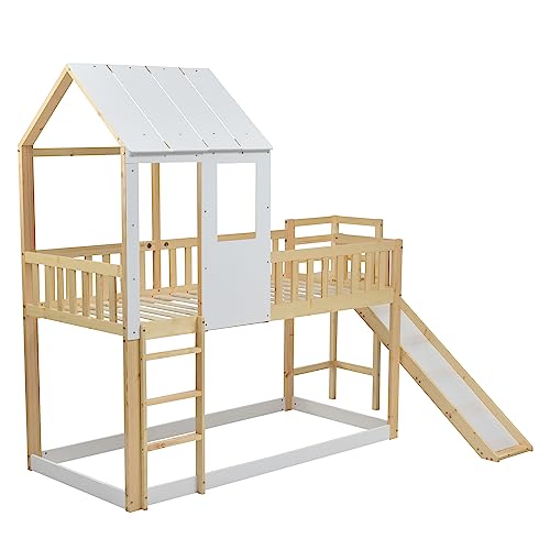 Lit superposé avec échelle à angle droit et toboggan, lit maison avec toit et fenêtre, lit d'enfant avec protection anti-chute et grille, cadre en pin naturel et blanc (90 x 200 cm)