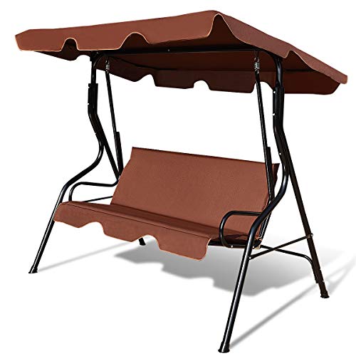 Balancelle de Jardin 3 Places avec Toit Imperméable Capacité de Charge 240 KG, Balancelle Extérieure Toit Réglable, Idéal pour Jardin, Terrasse, Balcon, 170 x 110 x 153 CM (Café)