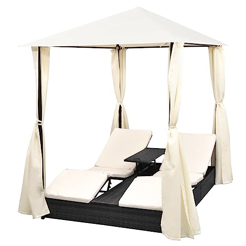 Chaise Longue Double avec Rideaux Résine tressée Noir, Bain de Soleil inclinable de Jardin Extérieur, Transat de Plage Relax Transat pour Camping Balcon Piscine