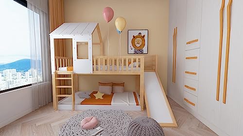 Lit superposé avec échelle à angle droit et toboggan, lit maison avec toit et fenêtre, lit d'enfant avec protection anti-chute et grille, cadre en pin naturel et blanc (90 x 200 cm)