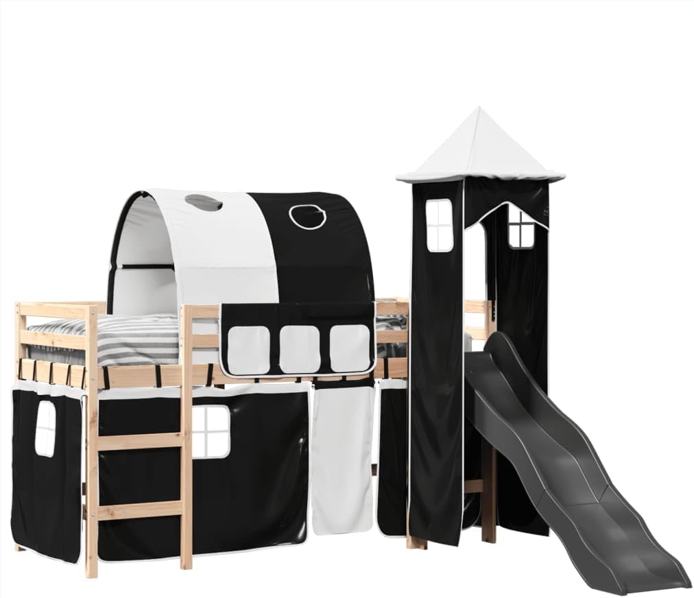 Lit mezzanine enfants avec tour blanc/noir 80x200cm pin massif