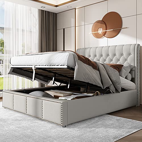 Cotton and linen upholstered bed with hydraulic lever, nail box storage, 140 x 200 cm, without mattress (beige)